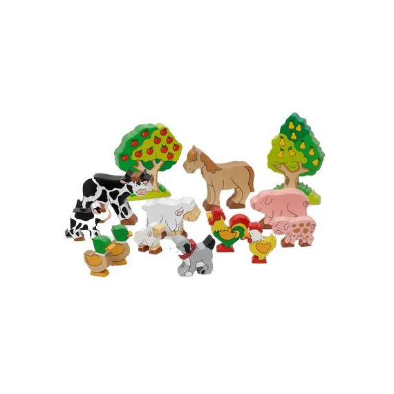 14 figurines jeux en bois : personnages et animaux de la ferme jouets